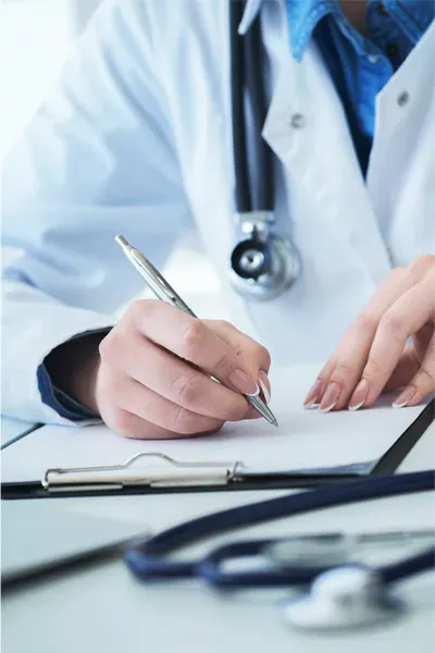Advanced-Diagnostic-Testing-Treatment Close up of a doctor in a white coat, writing on a notepad, representing functional medicine testing offered by David Garcia, D.O. in Nashville Metro.