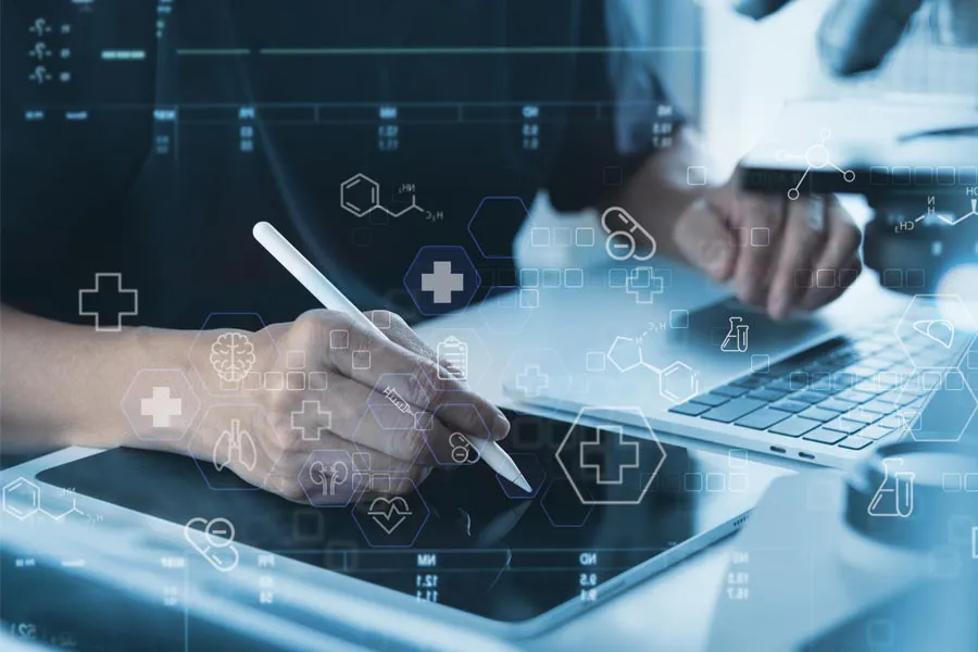 Health-Conditions-Treated-Doctor Close-up of a medical professional using a laptop and tablet, with illustrated medical symbols overlayed on the image, symbolizing health conditions treated by David Garcia, D.O. in Nashville Metro.