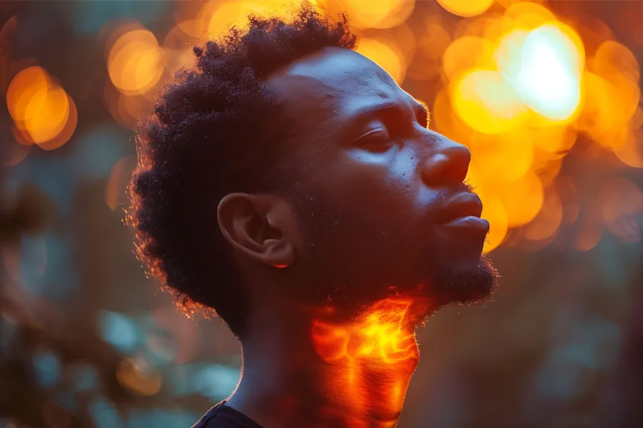 Hyperthyroidism-Clinic A man looks up with an illustration of an inflamed thyroid overlayed. Schedule hyperthyroidism treatment from David Garcia, D.O. in Nashville Metro.