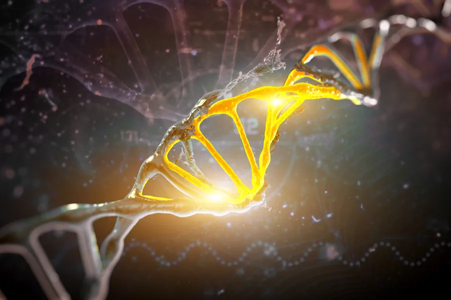 Stem-Cell-IV-Therapy-Clinic 3D illustration of a gold-glowing DNA strand. Get Stem Cell IV Therapy from David Garcia, D.O. in Nashville Metro.